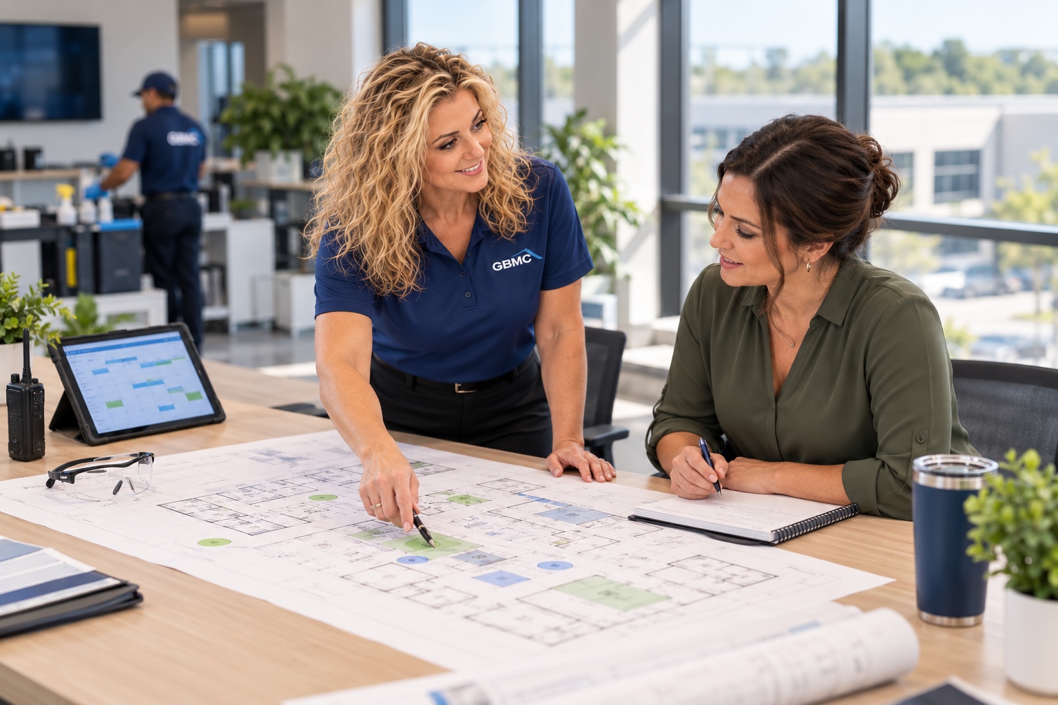 A General Building Maintenance Corp. representative and a client reviewing a facility plan