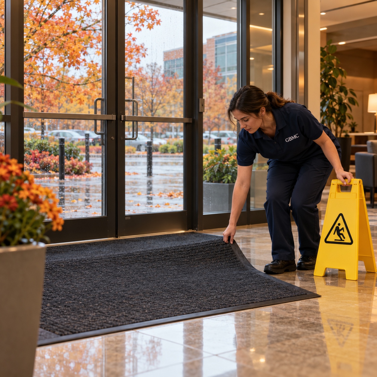 GBMC campaign photo showing an entrance mat being cleaned in a busy commercial lobby
