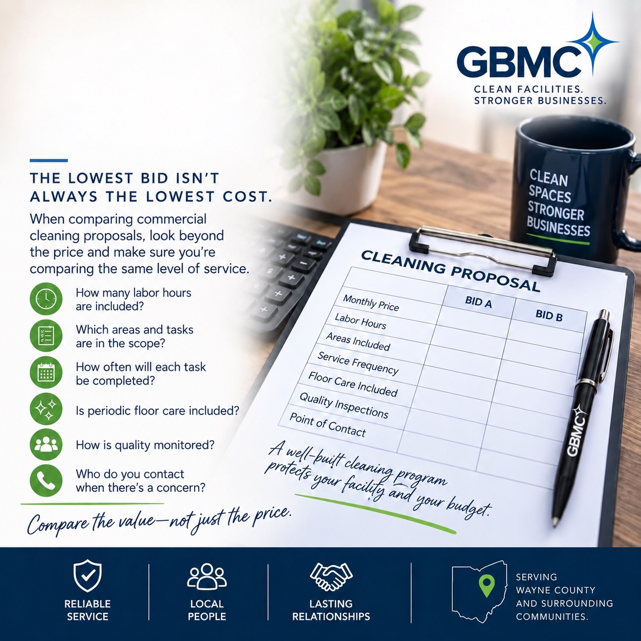 GBMC-created campaign graphic about comparing cleaning proposals by scope, labor hours, and service frequency