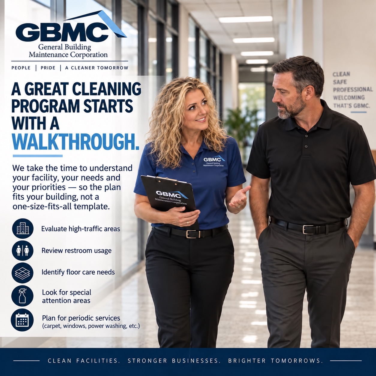 GBMC-created walkthrough campaign graphic showing a representative discussing a facility with a client